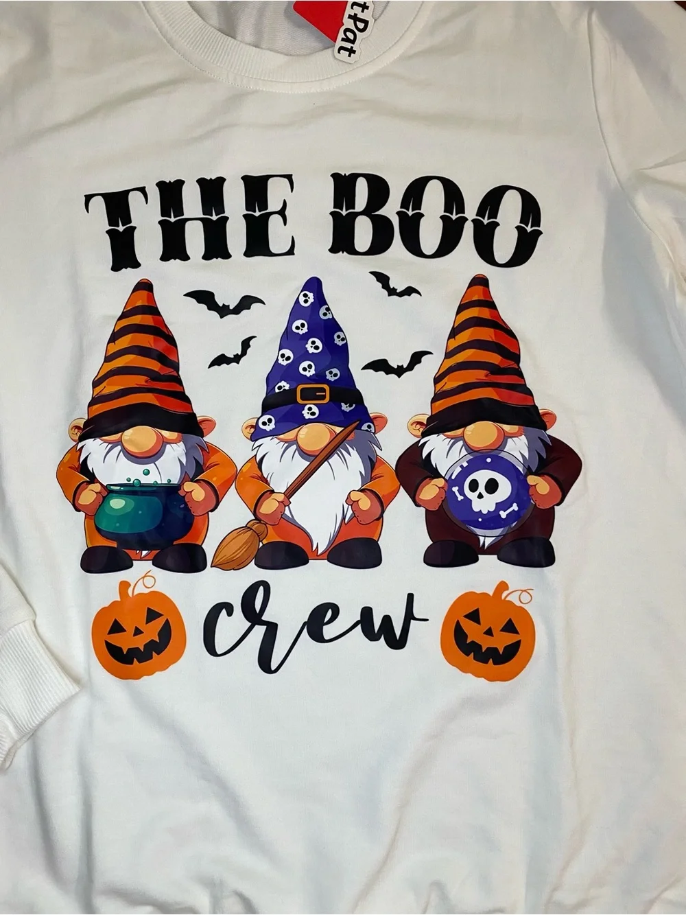 Men White Halloween Graphic Sweatshirt with Colorful Gnomes, Size M